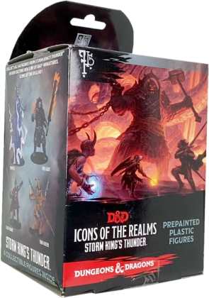 An image of a cardboard booster box for the WizKids D&D Icons of the Realms Storm King's Thunder booster set. It sits at an angle, showing the front, which depicts a fire giant battling three adventurers, and the left side of the booster box, which shows CGI renders of four minis that can be obtained from the set.