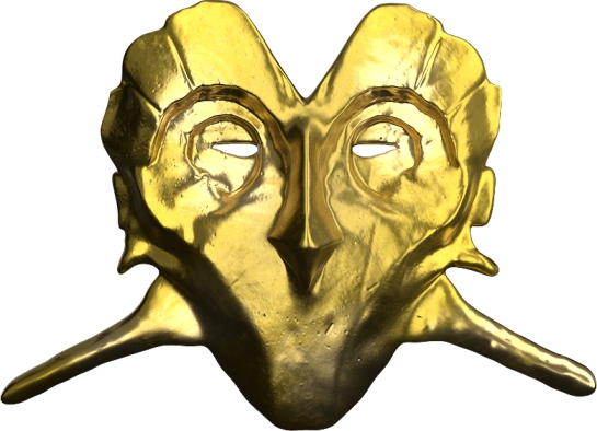 A CGI render of the gray merchant's golden mask, with some shading and tarnishing on it to give it a more realistic look. The perspective is directly from the front.